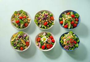 a bowl of salad flat lay in pastel background ai generated photo