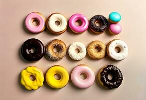 arranged colorful donuts flat lay in pastel background ai generated photo