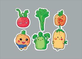 cute cartoon stickers of vegetable with eyes , hands and legs vector