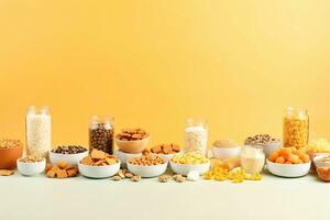 varios de cereales en cuenco y vaso botella para desayuno en el mesa, rápido comida para niños en el Mañana. foto