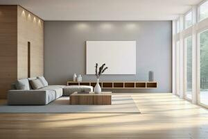 Warm tones of modern living room interior with minimal art decor design, Home interior concept, contemporary room. photo