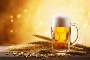 Close up of beer in a mug with foam and wheat ingredients on wooden table with blurred sparkling light background and copy space. photo