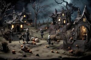 Halloween background with Scary Cute model in the spooky village scene, cemetery and gravestone on graveyard area at night. photo