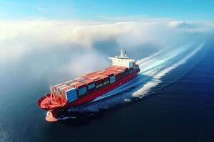 Aerial view of cargo ship that full load container for logistics import export in the ocean, shipping and transportation concept, container cargo maritime ship, Global express carrier. photo