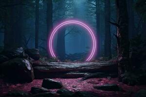 Abstract portal stone gate with neon circle glowing light in the dark wood forest space landscape of cosmic, rocky mountain stone field, spectrum light effect. photo