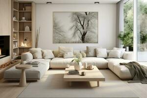 moderno estilo interior vivo habitación calentar escandinavo y acogedor con de madera decoración, acogedor beige tono elegante, muebles, cómodo cama, mínimo decoración diseño antecedentes. foto