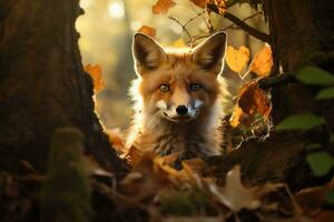 retrato de pequeño zorro ocultación o alfombrilla de ratón en el bosque caza para presas, animales fauna silvestre concepto, animal en el selva, peligroso tiempo. foto