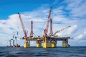 Aerial view of Offshore oil and gas rig construction station platform on the sea. Industry searching for fuel and energy, extract process petroleum and natural gas at ocean beneath seabed. photo