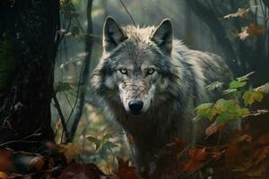 Portrait of Grey Wolf hiding or lurking in the forest hunting for preys, animals wildlife concept, Animal in the jungle, dangerous time. photo