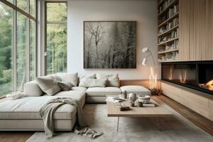 Modern style interior living room warm Scandinavian and cozy with wooden decoration, Cozy beige tone stylish, furniture, comfortable bed, Minimal decor design background. photo