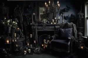 oscuro casa decoración para Víspera de Todos los Santos fiesta antecedentes con calabaza vela en escalofriante noche, fantasma día diseño concepto, obsesionado casas escena. foto