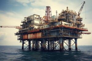 Aerial view of Offshore oil and gas rig construction station platform on the sea. Industry searching for fuel and energy, extract process petroleum and natural gas at ocean beneath seabed. photo