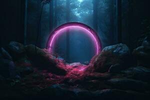 Abstract portal stone gate with neon circle glowing light in the dark wood forest space landscape of cosmic, rocky mountain stone field, spectrum light effect. photo