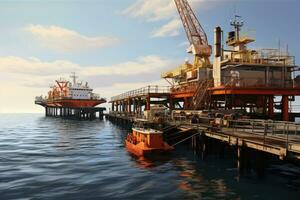 Aerial view of Offshore oil and gas rig construction station platform on the sea. Industry searching for fuel and energy, extract process petroleum and natural gas at ocean beneath seabed. photo