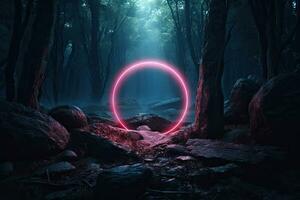 Abstract portal stone gate with neon circle glowing light in the dark wood forest space landscape of cosmic, rocky mountain stone field, spectrum light effect. photo