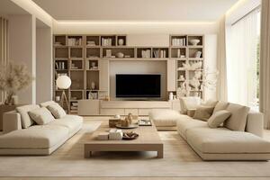 Warm tones of modern living room interior with minimal art decor design, Home interior concept, contemporary room. photo