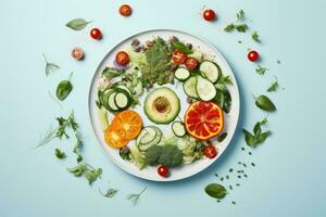 Healthy natural food ingredients with various type of vegetable, fruit and seeds on table, selection for good health. photo