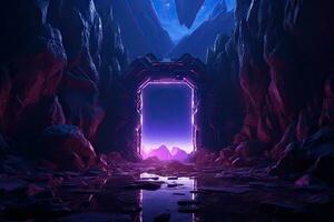 Abstract portal stone gate with neon circle glowing light in the dark space landscape of cosmic, rocky mountain stone field, spectrum light effect photo