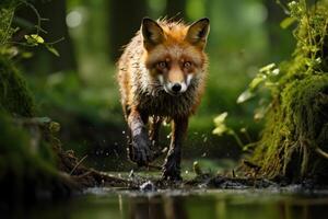 retrato de pequeño zorro ocultación o alfombrilla de ratón en el bosque caza para presas, animales fauna silvestre concepto, animal en el selva, peligroso tiempo. foto