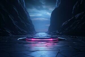 Abstract portal stone gate with neon circle glowing light in the dark space landscape of cosmic, rocky mountain stone field, spectrum light effect photo