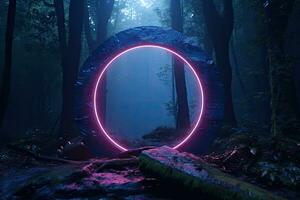 Abstract portal stone gate with neon circle glowing light in the dark wood forest space landscape of cosmic, rocky mountain stone field, spectrum light effect. photo