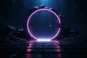 Abstract portal stone gate with neon circle glowing light in the dark space landscape of cosmic, rocky mountain stone field, spectrum light effect photo