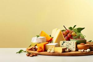 Various stack of delicious cheese on wooden table and blurry natural light in the kitchen background, copy space, food and diet concept. photo