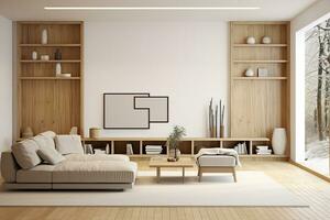 calentar tonos de moderno vivo habitación interior con mínimo Arte decoración diseño, hogar interior concepto, contemporáneo habitación. foto