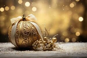 Happy Special Golden Christmas with sparkling or glittering blurred background, Happy new year with ornament decoration. photo