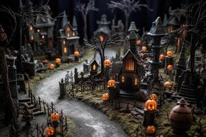 Halloween background with Scary Cute model in the spooky village scene, cemetery and gravestone on graveyard area at night. photo