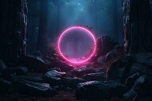 Abstract portal stone gate with neon circle glowing light in the dark wood forest space landscape of cosmic, rocky mountain stone field, spectrum light effect. photo