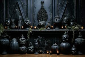 oscuro casa decoración para Víspera de Todos los Santos fiesta antecedentes con calabaza vela en escalofriante noche, fantasma día diseño concepto, obsesionado casas escena. foto