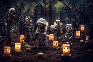 Halloween background with Scary Cute model in the spooky village scene, cemetery and gravestone on graveyard area at night. photo