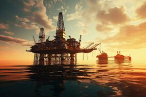 Aerial view of Offshore oil and gas rig construction station platform on the sea. Industry searching for fuel and energy, extract process petroleum and natural gas at ocean beneath seabed. photo