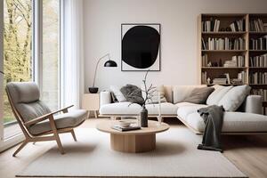 Modern style interior living room warm Scandinavian and cozy with wooden decoration, Cozy beige tone stylish, furniture, comfortable bed, Minimal decor design background. photo