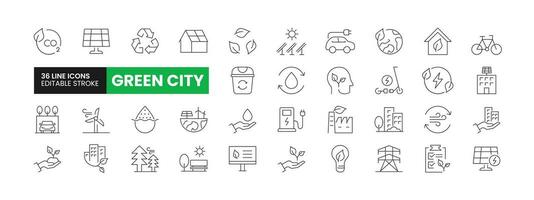 Set of 36 Green City line icons set. Green City outline icons with editable stroke collection. Includes CO2 neutral, Electric Bike, Green Energy, Windmill, Electric Car and More. vector