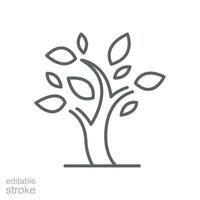 Stylized tree icon. Simple outline style. Growth branch, leaves, trunk, vintage concept. Thin line symbol. Vector illustration isolated. Editable stroke.