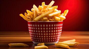 Satisfying Crispy French Fries Nestled in a Vibrant Red Bowl, Ideal for Appetizing Snack Cravings. AI Generated photo