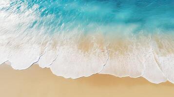 Serenity Unveiled. Aerial View of Tranquil Beach with Light Blue Waves, Sunlight, and Copy Space. Ideal for Summer Vacation and Spa Concepts. photo