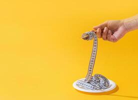 woman hands holding colorful measuring tape front view on plate on bright yellow background photo