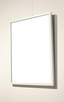 Blank picture frames on grey wall with glowing lamp, mock up photo