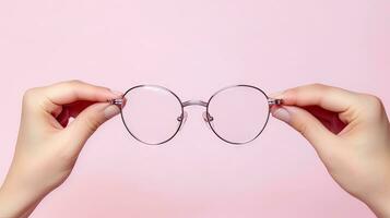 elegante mano participación y mostrando lentes en un vibrante rosado estudio fondo. Moda y gafas presentación. ai generado foto