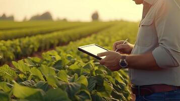 moderno tecnología en agricultura. agrónomo utilizando tableta para agrícola análisis. ai generado foto