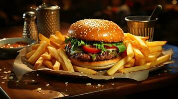 Gourmet Delight. Close-Up of an Irresistible American Hamburger with Crispy Fries and Savory Sauce, Perfect for Elite Restaurant Menus. AI-Generated photo