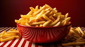 Savory Delight. Crispy French Fries Served in a Striking Red Bowl, Perfect for Indulging Snack Cravings. AI Generated photo