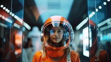 A woman chooses a space suit in the shopping meta universe. Exploring the Fashion Frontier. Woman in Space Suit Selects Innovative Space Fashion in Meta Universe. photo