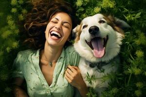 laughing woman and her dog lying on the drass together, top view, AI Generated photo