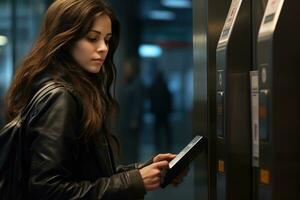 Woman hand inserting a metro ticket to enter a subway station. Metro ticket for public transport in the city. AI Generated photo