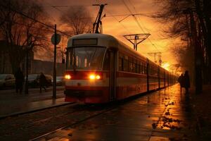 tren llegando a un autobús detener, ai generado foto