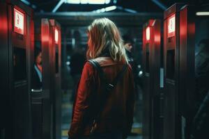 Woman hand inserting a metro ticket to enter a subway station. Metro ticket for public transport in the city. AI Generated photo
